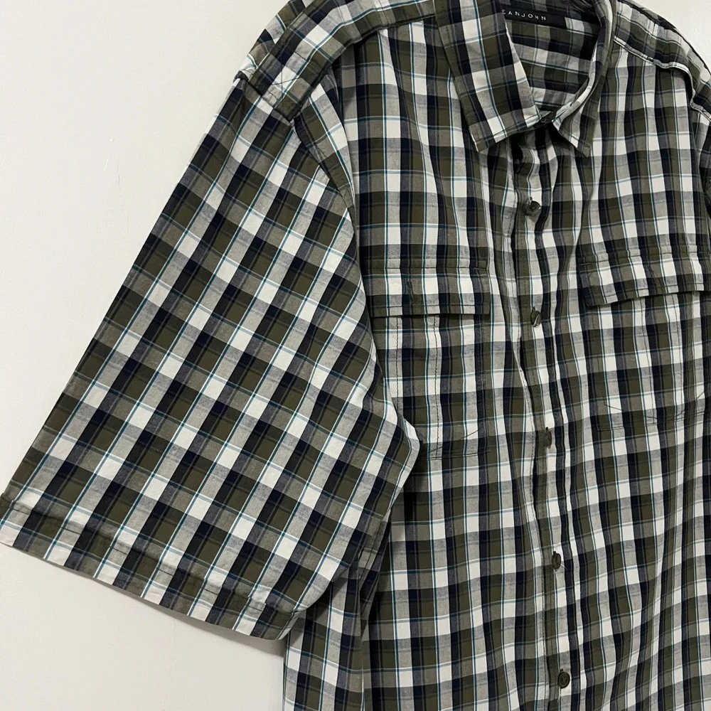 Sean‎ John Mens Plaid Short Sleeve Button Up Shirt Green Blue White Size 3X